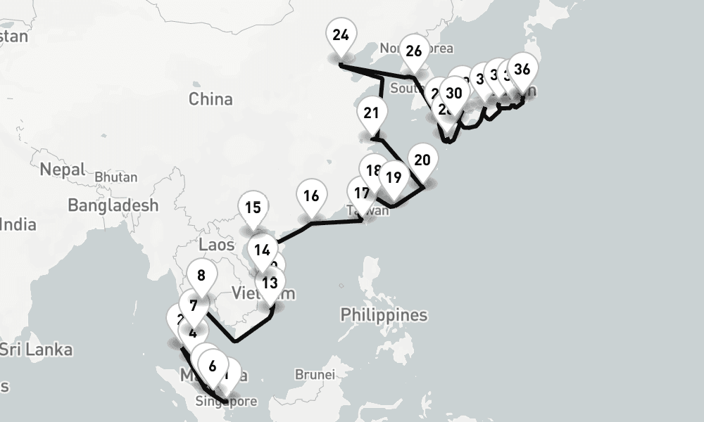 51 days, one-way from Singapore to Tokyo 52日間