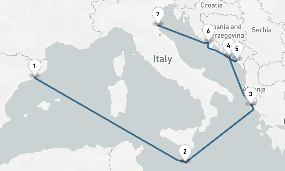 7 days, one-way from Barcelona to Ravenna 8日間