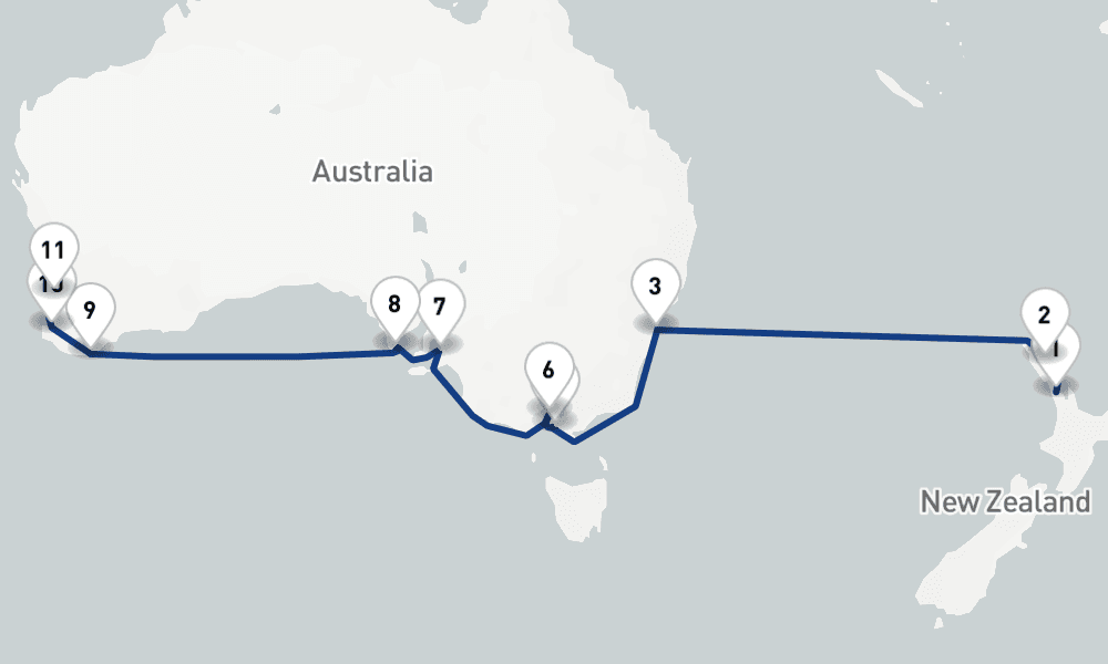 17 days, one-way from Auckland to Fremantle 18日間