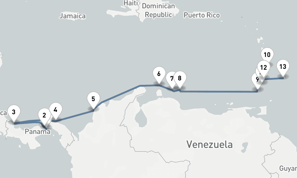 14 days, one-way from Panama City to Bridgetown 15日間