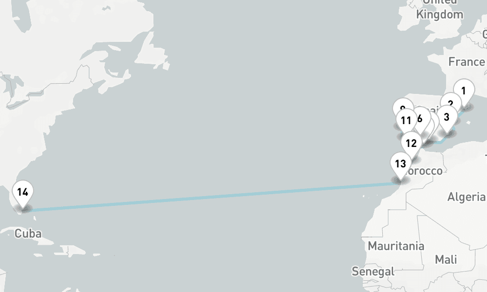 24 days, one-way from Barcelona to Miami 25日間