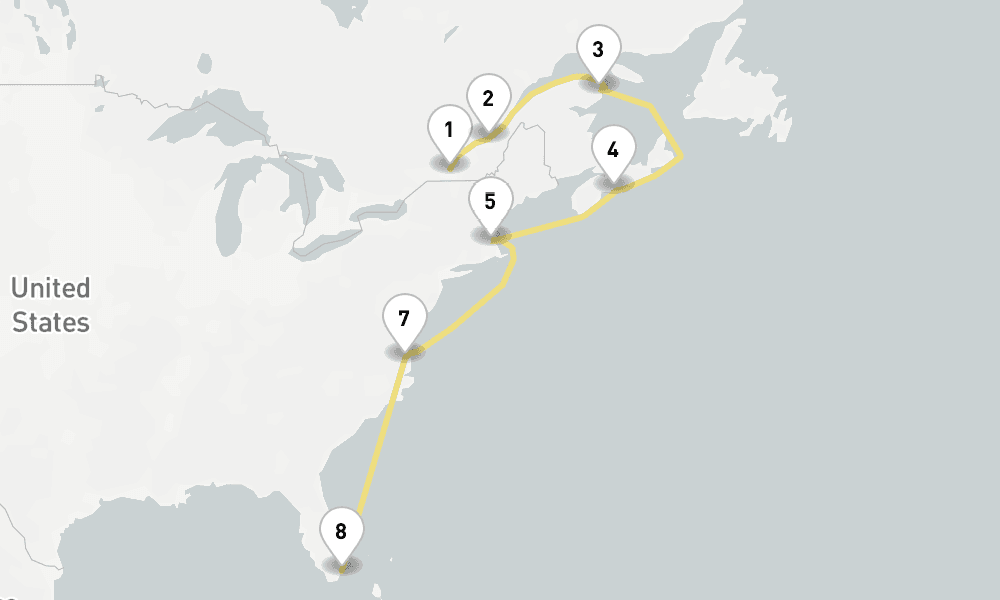 13 days, one-way from Montreal to Miami 14日間