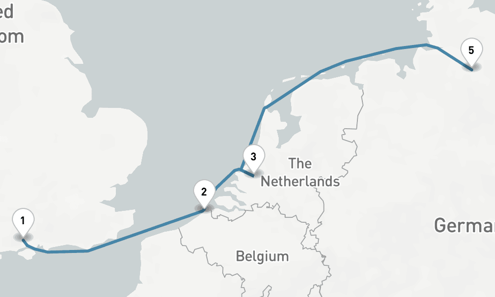 5 days, one-way from Southampton to Hamburg 6日間