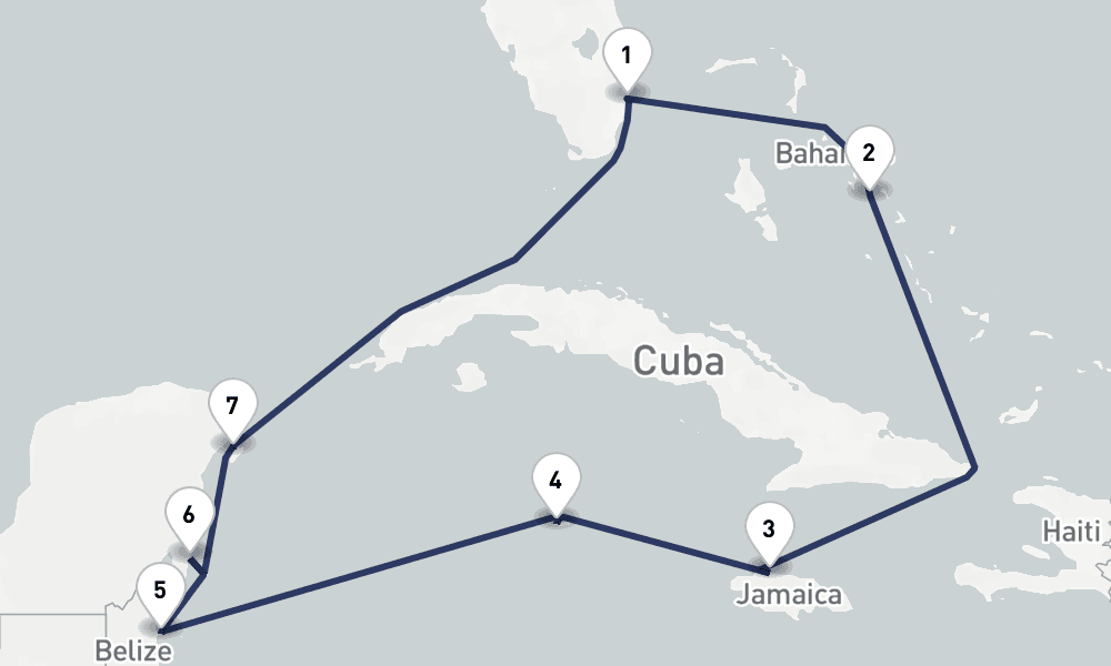 10 days, round-trip Western Caribbean Greater Antilles, Belize Mexico 11日間