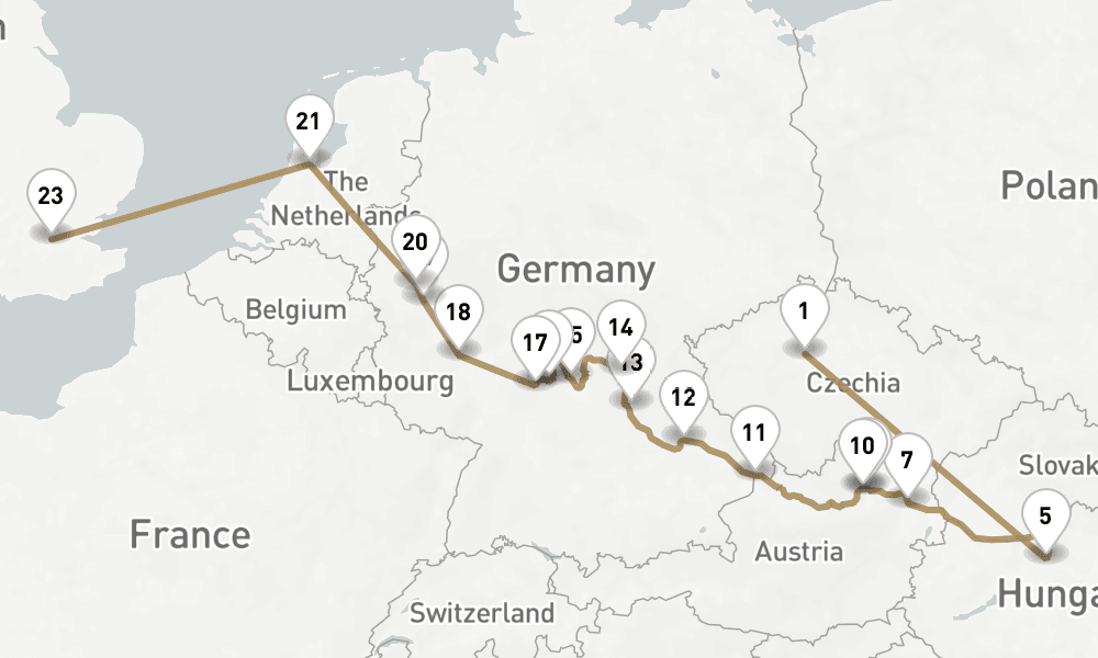 20 days, one-way from Prague to London-Greenwich 21日間