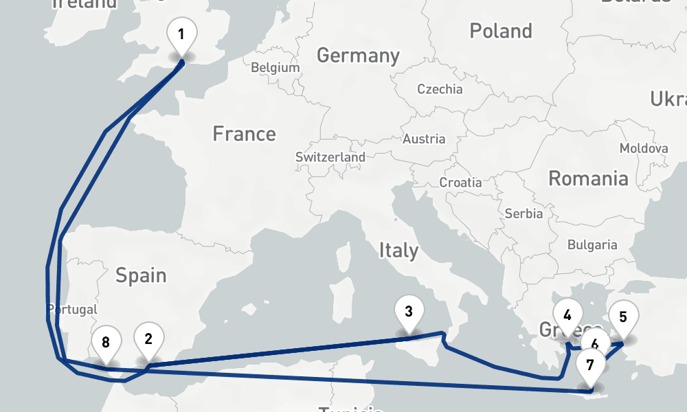 19 nights / 20 days, Southampton (England) Round trip