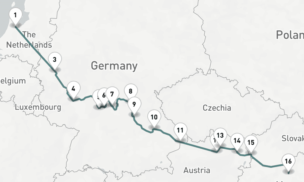 14 nights / 15 days, one-way from Amsterdam (Holland) to Budapest