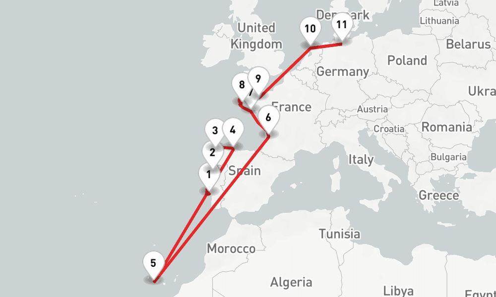 12 nights / 13 days, one-way from Lisbon to Hamburg