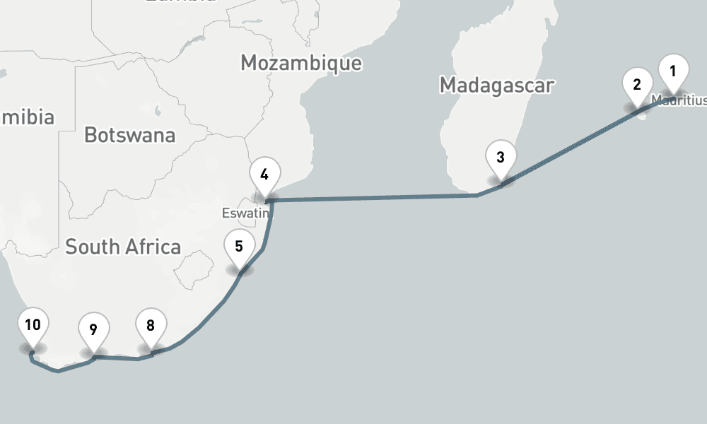 15 nights / 16 days, one-way from Port Louis (Mauritius Island) to Cape Town
