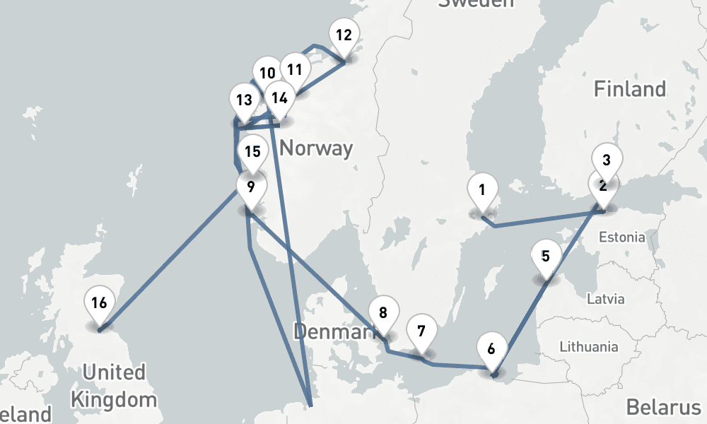 17 nights / 18 days, one-way from Stockholm to Edinburgh (Leith, Scotland)
