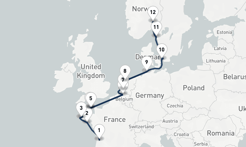 12 nights / 13 days, one-way from Bordeaux to Oslo