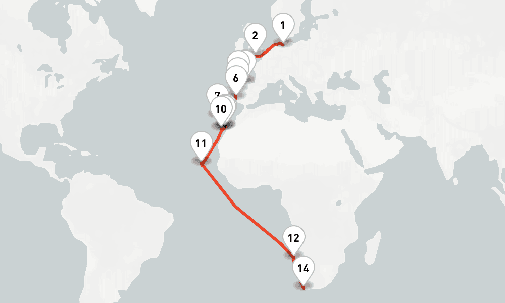 28 nights / 29 days, one-way from Hamburg to Cape Town