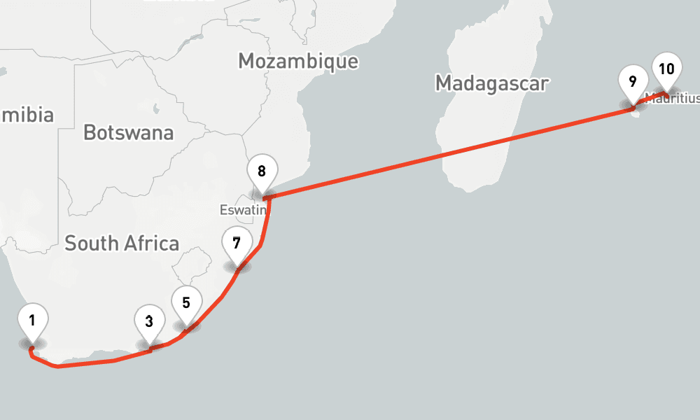 14 nights / 15 days, one-way from Cape Town to Port Louis (Mauritius Island)