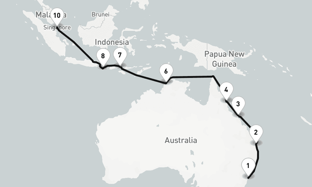 18 nights / 19 days, one-way from Sydney (NSW, Australia) to Singapore