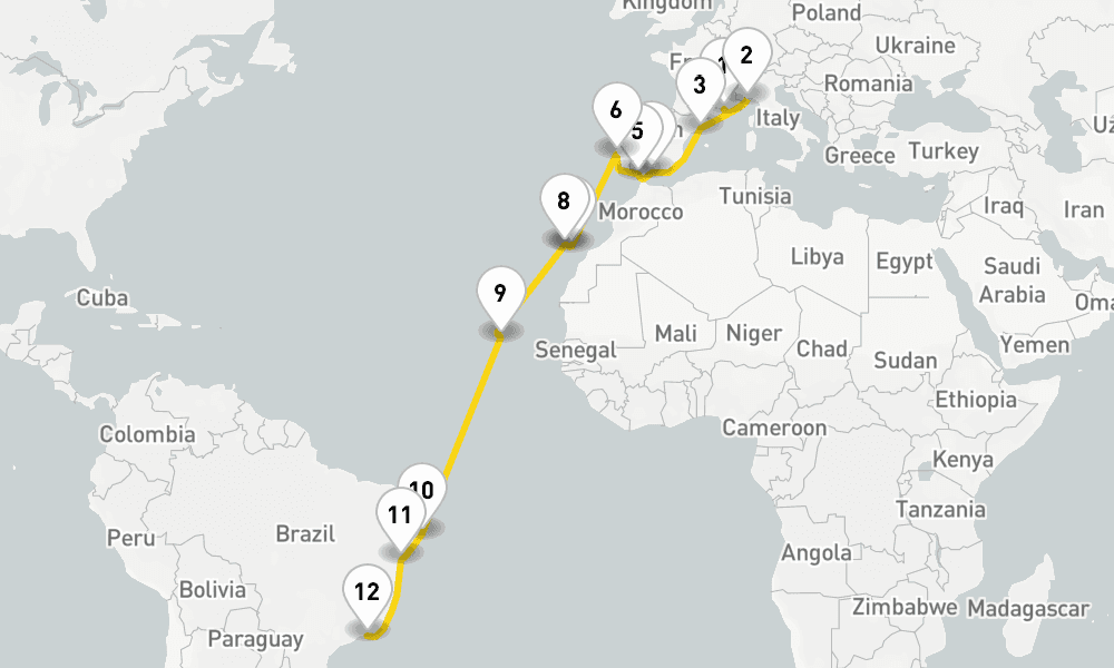 21 days, one-way from Marseille to Rio de Janeiro 22日間