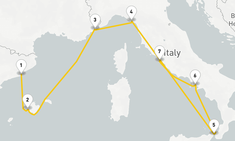 8 days, one-way from Barcelona to Civitavecchia-Rome 9日間