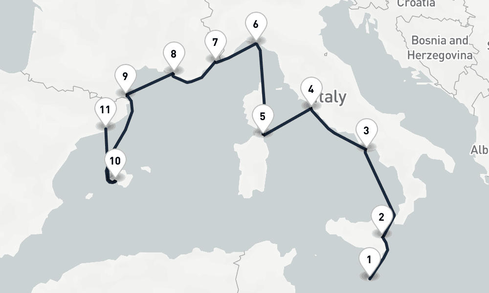 10 days, one-way from Valletta to Barcelona 11日間