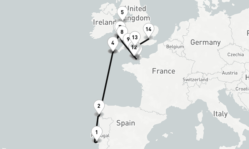 12 days, one-way from Lisbon to London-Greenwich 13日間