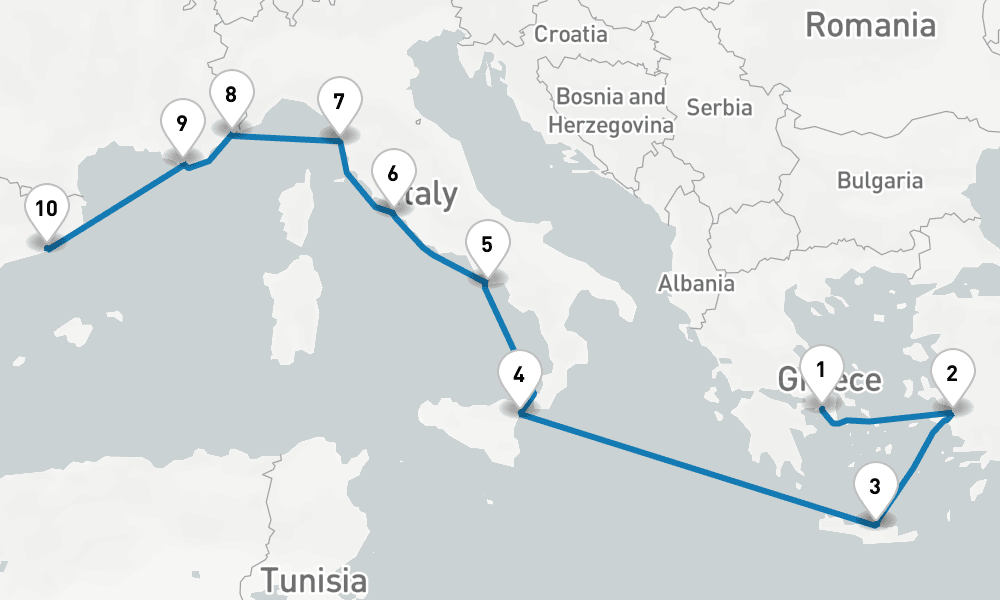 11 days, one-way from Piraeus-Athens to Barcelona 12日間