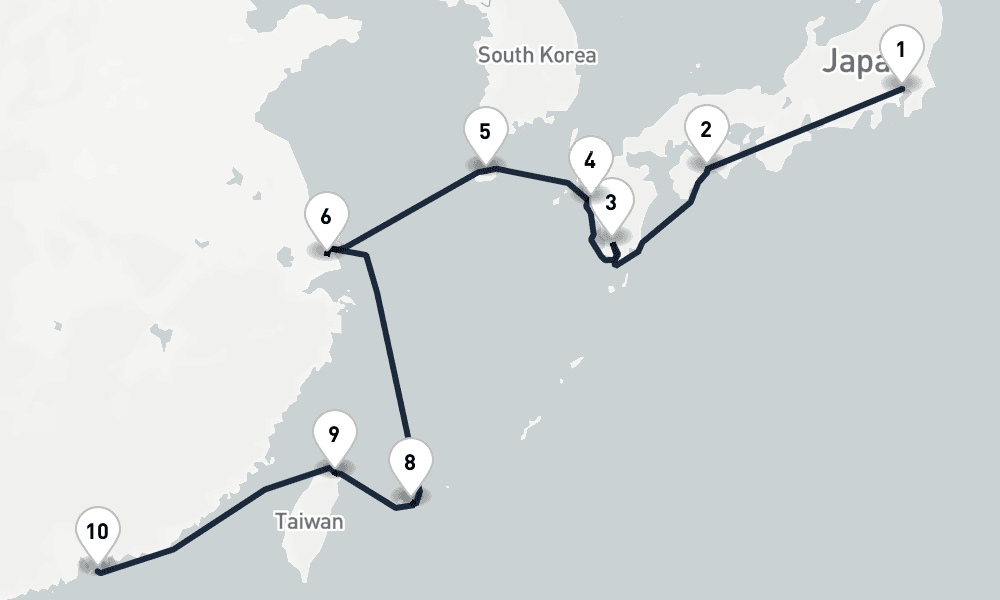 13 days, one-way from Tokyo to Hong Kong 14日間