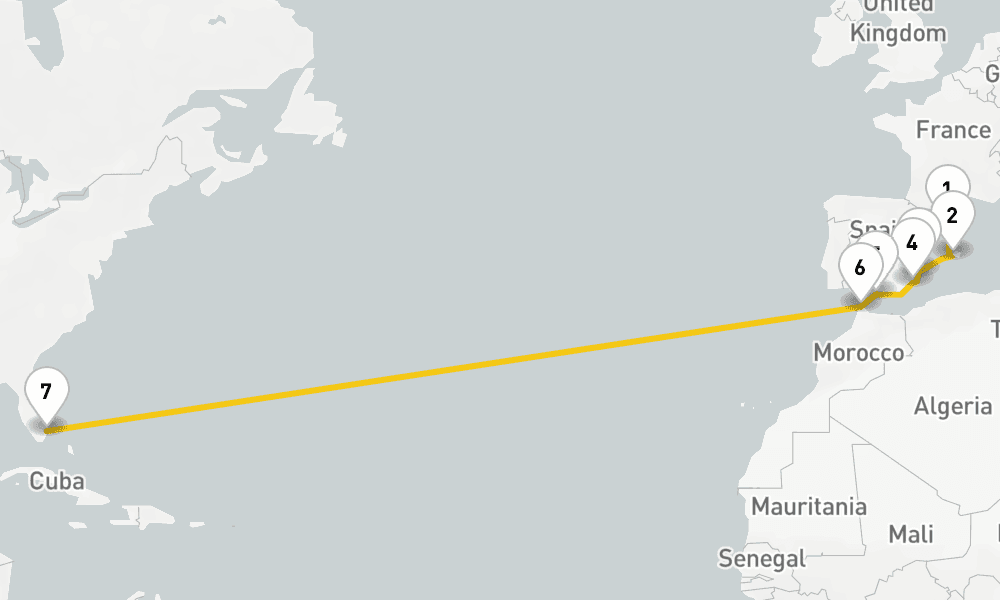 14 days, one-way from Barcelona to Fort Lauderdale 15日間