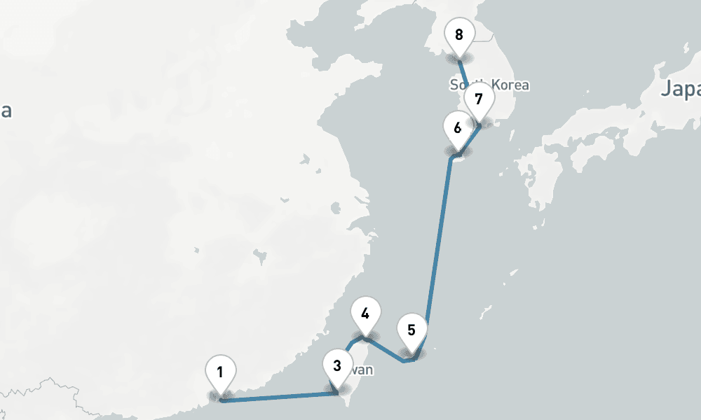 9 days, one-way from Hong Kong to Incheon 10日間