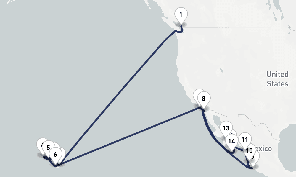 28 days, one-way from Vancouver to San Diego 29日間