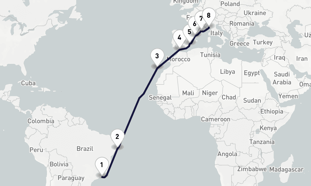 16 days, one-way from Rio de Janeiro to Genoa 17日間