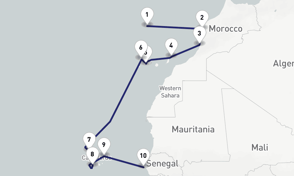 13 days, one-way from Funchal to Dakar 14日間