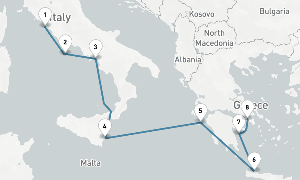 8 days, one-way from Civitavecchia-Rome to Piraeus-Athens 9日間