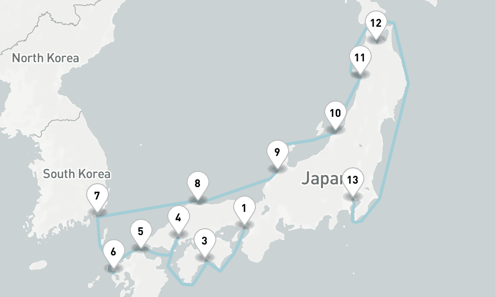 14 days, one-way from Kobe-Osaka to Tokyo 15日間