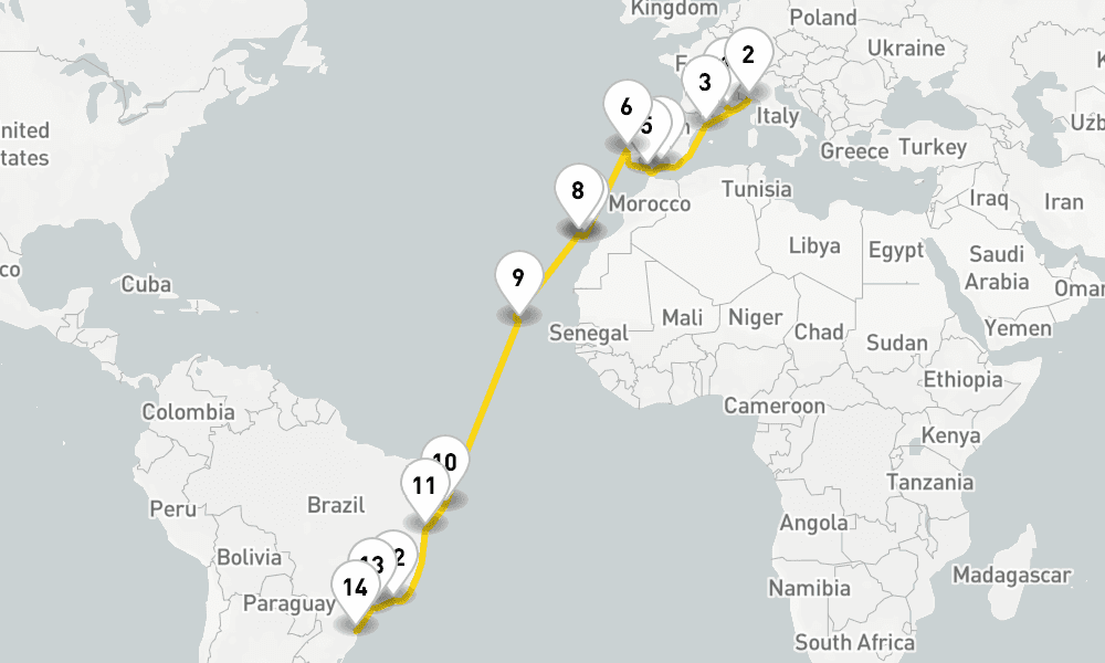 24 days, one-way from Marseille to Itajai 25日間