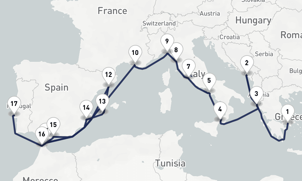 21 days, one-way from Piraeus-Athens to Lisbon 22日間