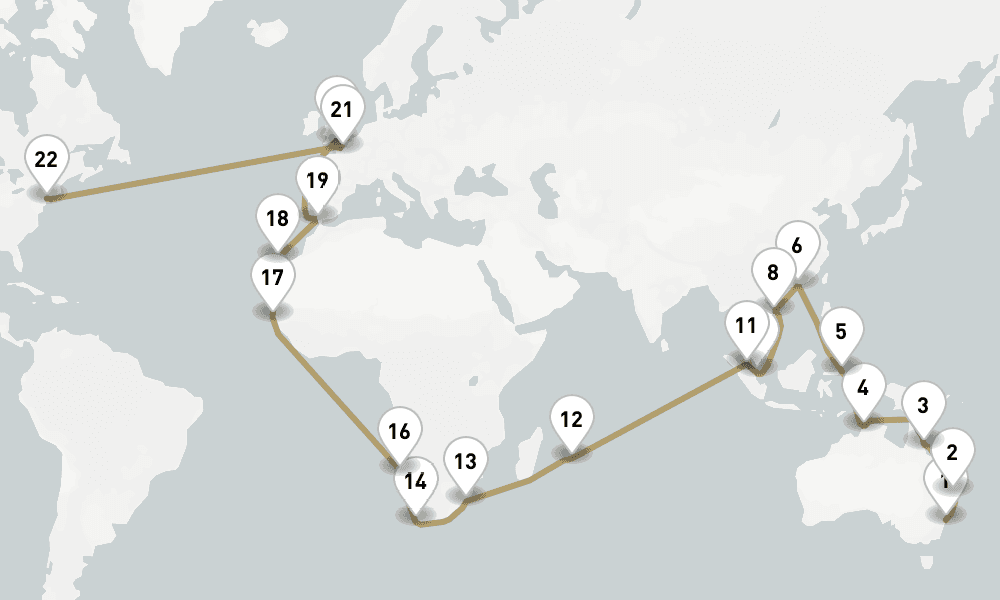 65 days, one-way from Sydney to New York 66日間