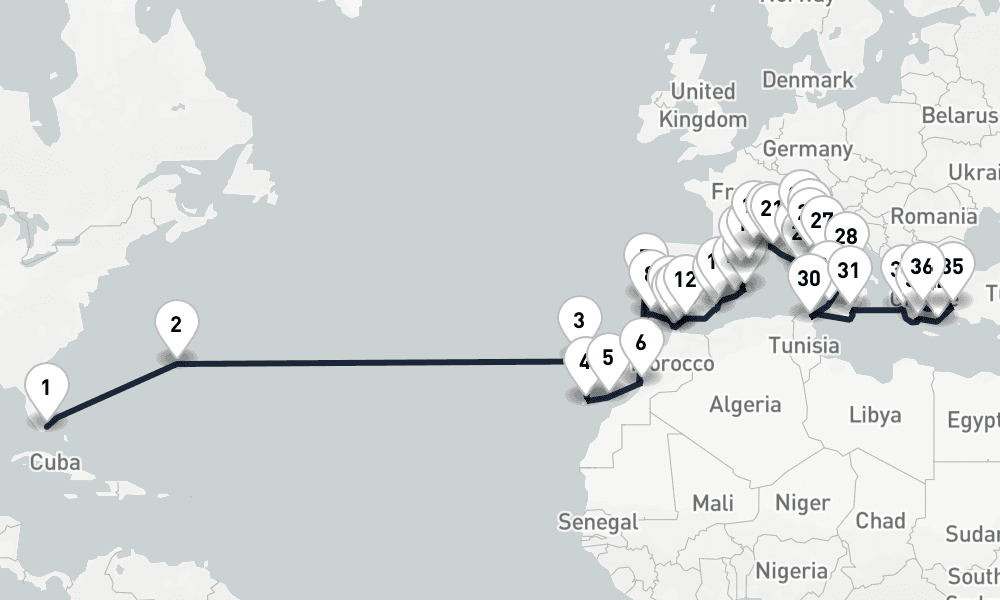 45 days, one-way from Miami to Piraeus-Athens 46日間