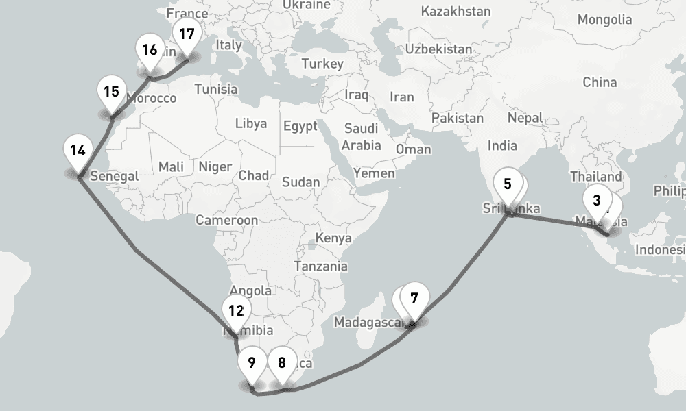 41 days, one-way from Singapore to Palma de Mallorca 42日間