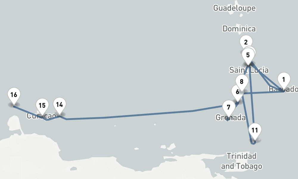 15 days, one-way from Bridgetown to Oranjestad Aruba 16日間