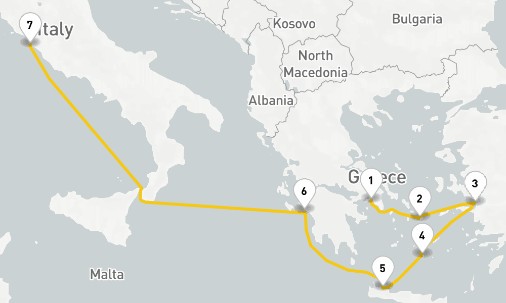 7 days, one-way from Piraeus-Athens to Civitavecchia-Rome 8日間