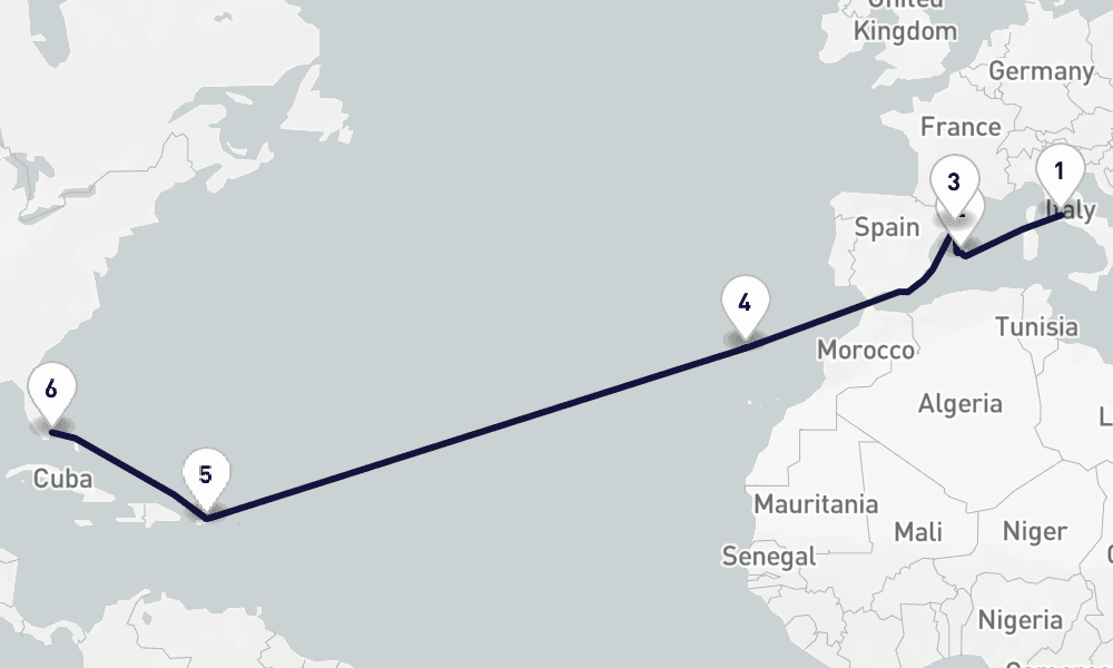 16 days, one-way from Civitavecchia-Rome to Miami 17日間