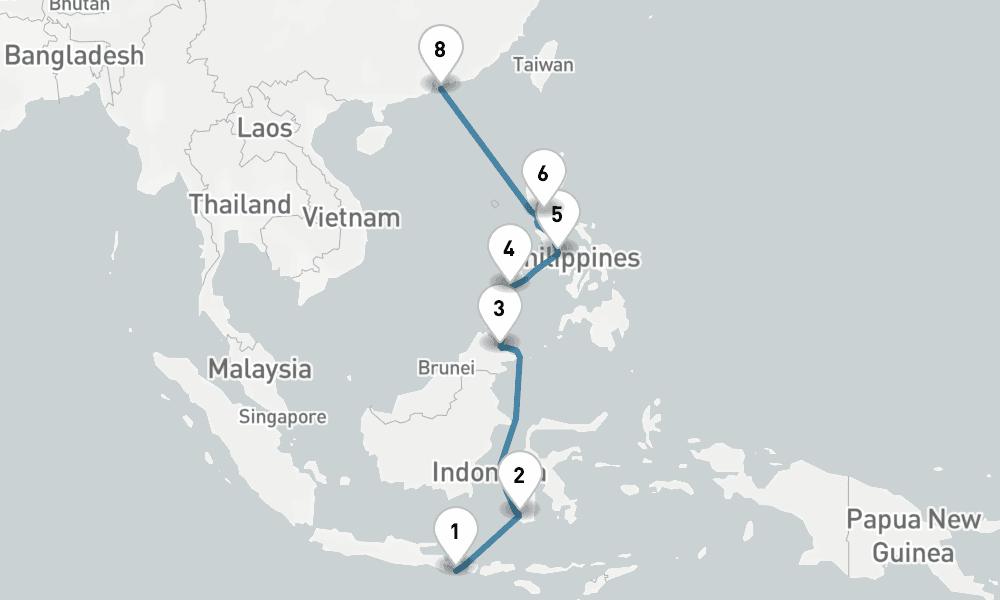 11 days, one-way from Benoa to Hong Kong 12日間