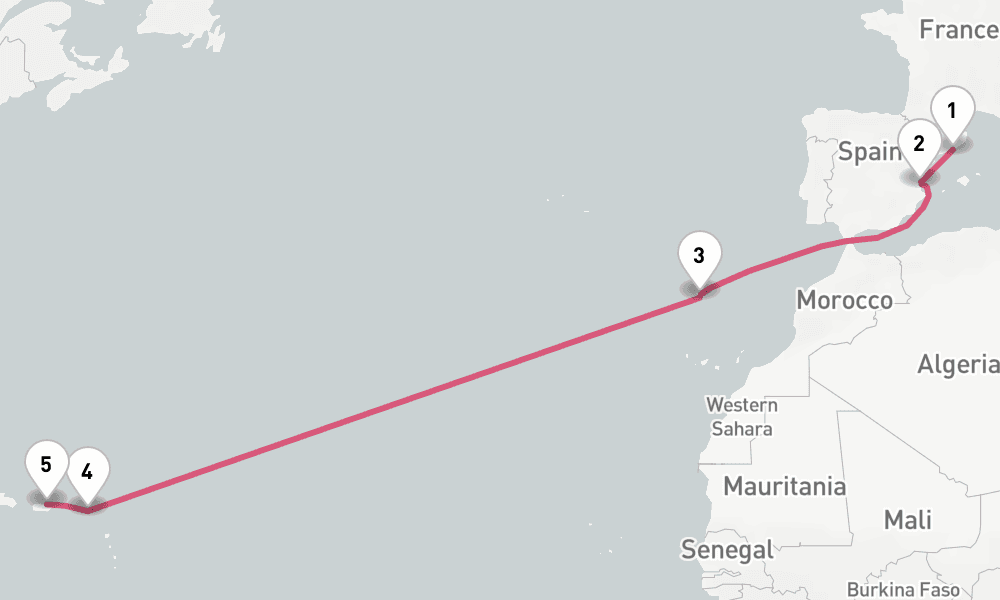 13 days, one-way from Barcelona to San Juan 14日間