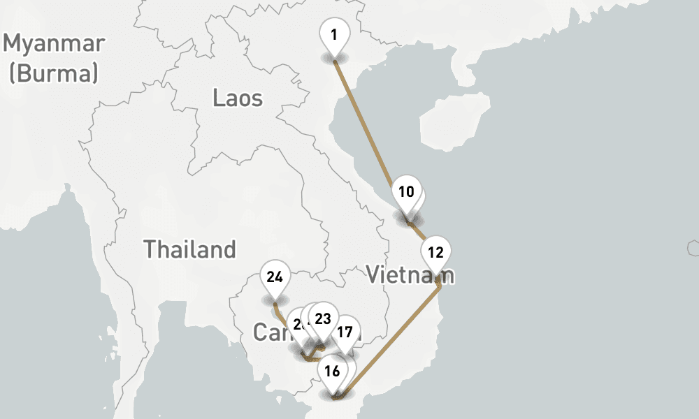 21 nights / 22 days, one-way from Hanoi to Siem Reap