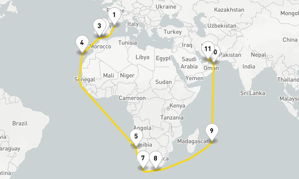 35 days, one-way from Barcelona to Dubai 36日間