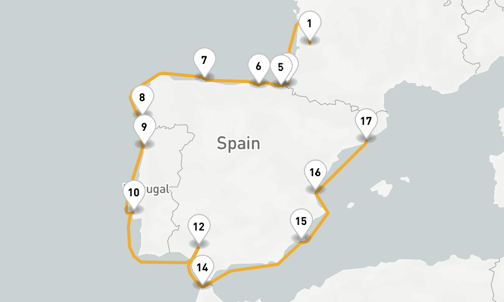 16 days, one-way from Bordeaux to Barcelona 17日間