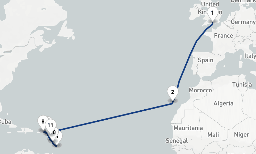 21 days, one-way from Southampton to St Johns Antigua 22日間
