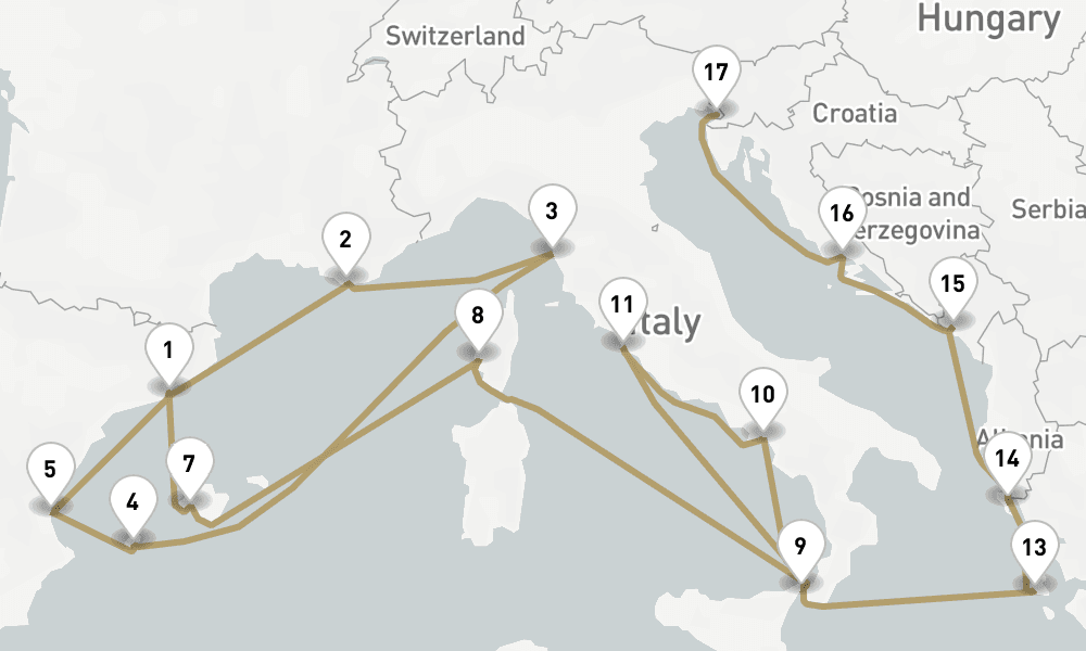 21 days, one-way from Barcelona to Trieste 22日間