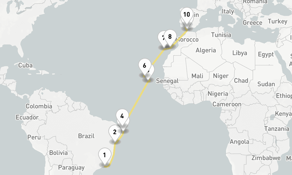 21 days, one-way from Rio de Janeiro to Seville 22日間