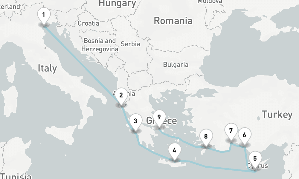 11 days, one-way from Venice to Piraeus-Athens 12日間