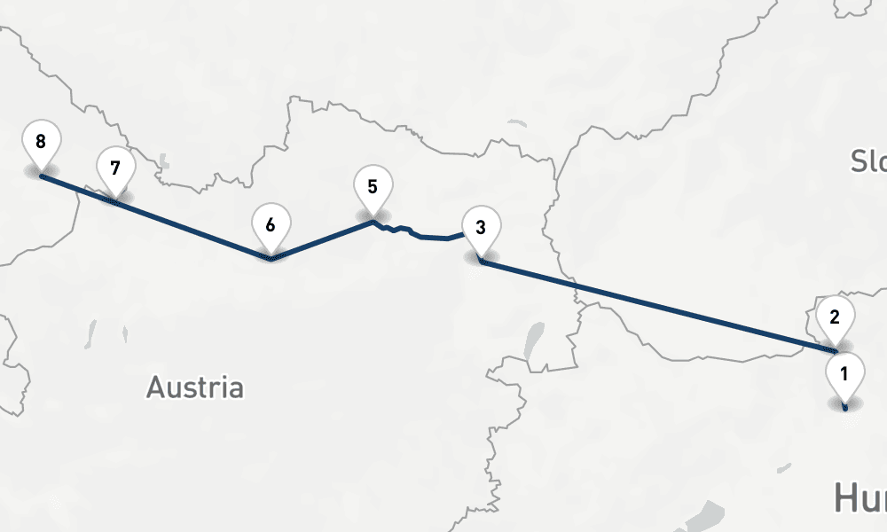 7 days, one-way from Budapest to Vilshofen an der Donau 8日間