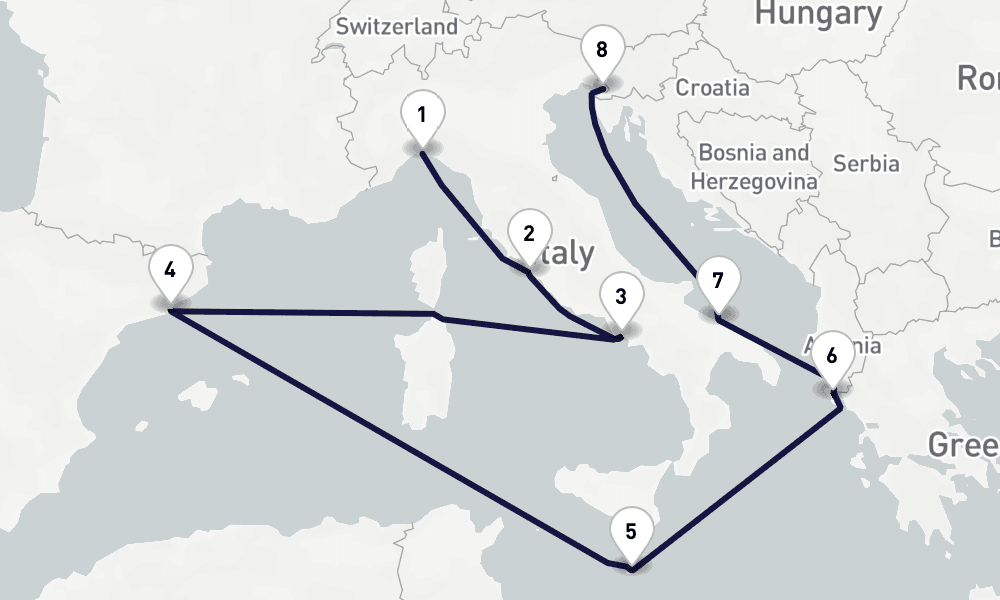 10 days, one-way from Genoa to Trieste 11日間